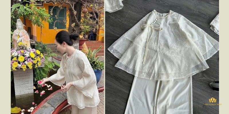 Set đồ đi chùa lam thêu nơ nữ tính