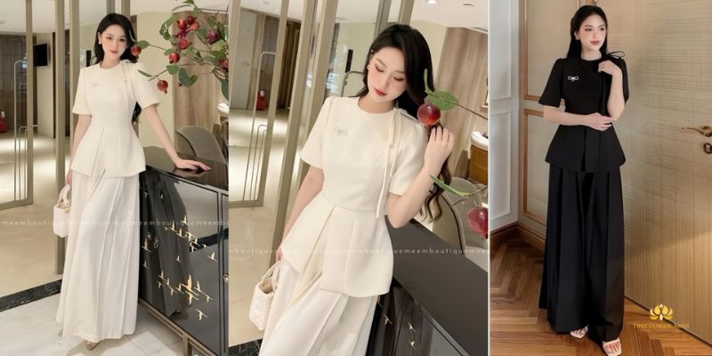 Set đồ nữ đi chùa sang chảnh màu kem - đen áo peplum thanh lịch